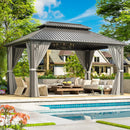 VIWAT 10x14 FT Hardtop Gazebo with Aluminum Frame, Galvanized Steel Double Roof Gazebo with Nettings and Curtains, Permanent Outdoor Metal Pavilion for Patio, Deck, Lawn and Garden, Gray
