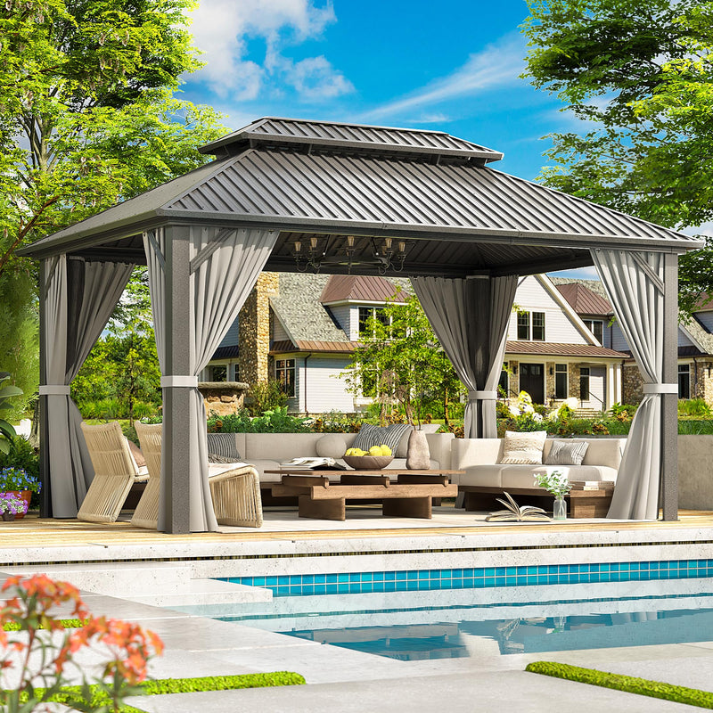 VIWAT 10x14 FT Hardtop Gazebo with Aluminum Frame, Galvanized Steel Double Roof Gazebo with Nettings and Curtains, Permanent Outdoor Metal Pavilion for Patio, Deck, Lawn and Garden, Gray
