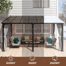 Raysfung 12x14FT Outdoor Wall-Mounted Hardtop Gazebo, Aluminum Frame Lean to Gazebo with Polycarbonate Roof and Curtains for Patio, Garden, Deck