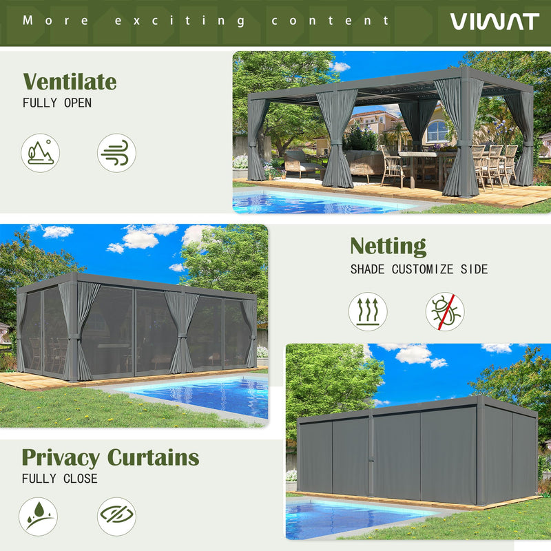 VIWAT Aluminum 10x20 FT Louvered Pergola, Outdoor Pergola with Adjustable Louvered Roof Outdoor Patio Shade Cover, Waterproof & Rustproof Aluminum Gazebo for Backyard and Garden, Gray
