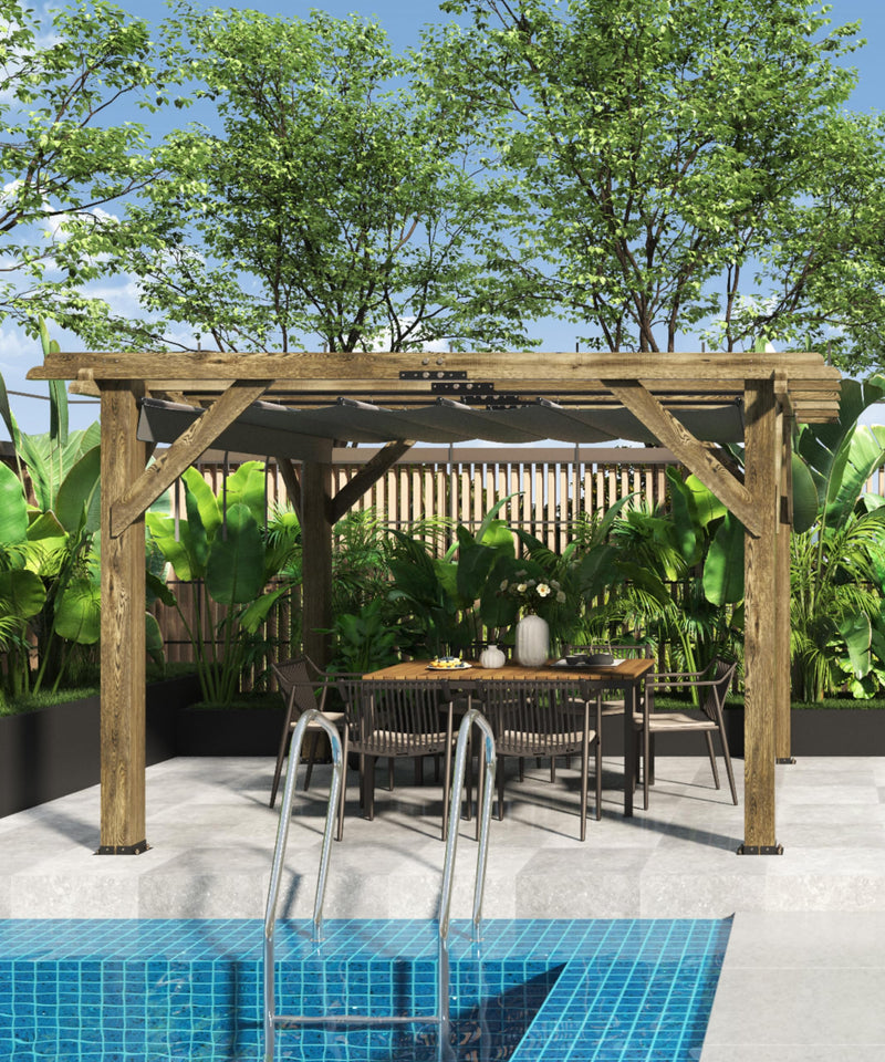 KYBOLT 10 X 12 Ft Wood Pergola with Retractable Sunshade Canopy, Solid Structure, Outdoor Pergola for Deck, Garden, Backyard - Charcoal Gray