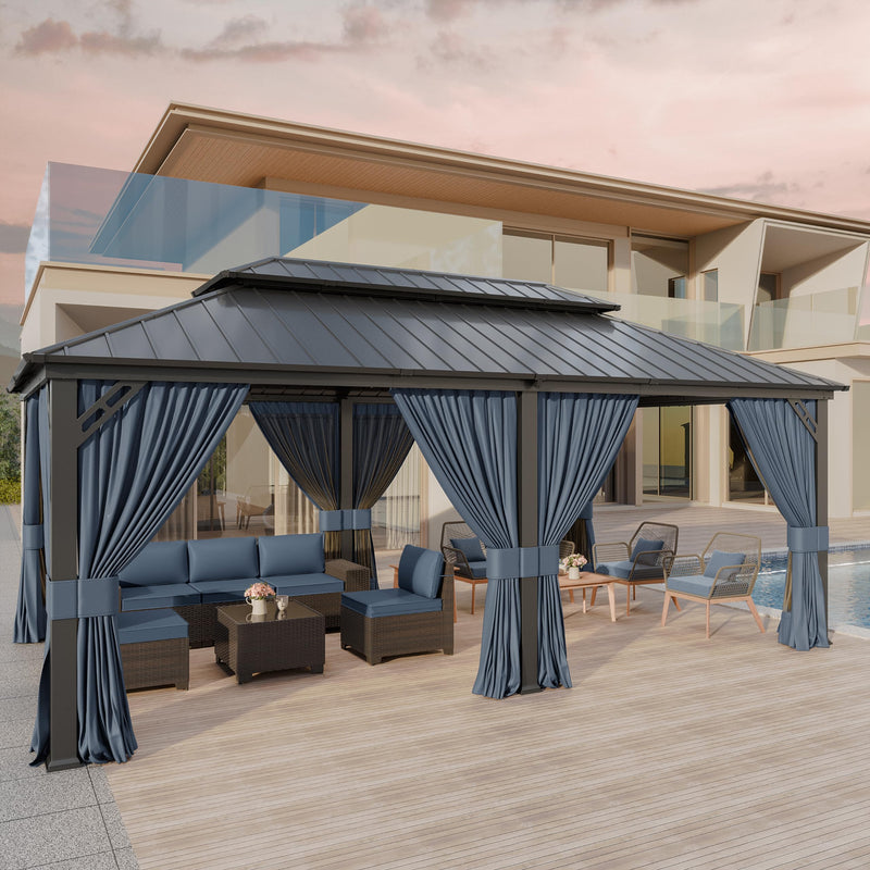 Kurapika 12' x 20' Hardtop Outdoor Metal Gazebo with Galvanized Steel Double Roof Canopy, Curtain and Netting, Aluminum Permanent Pavilion Gazebo, Navy Blue