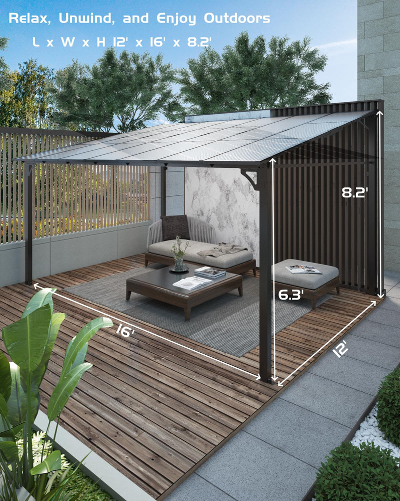 GarveeLife 12' x 16' Lean to Gazebo, Hardtop Wall Pergola with Polycarbonate Roof, Aluminum Frame Mounted Gazebo for Lawn Patio Deck Yard and Party