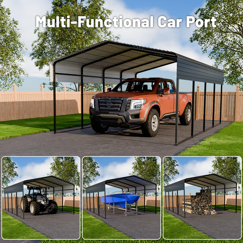 HEYTOWN Metal Carport 10 * 15 FT Heavy Duty Carport Canopy with Galvanized Steel Roof Multi-Use Shelter Outdoor Portable Garage for Car, Boat, Pickup and Tractor