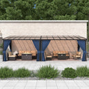 Gotland 10FTx26FT Outdoor Wall-Mounted Hardtop Pergola, Metal Frame Gazebo with Sloping Sun Panel Roof and Double Curtains for Patio, Garden, Lawn, Navy