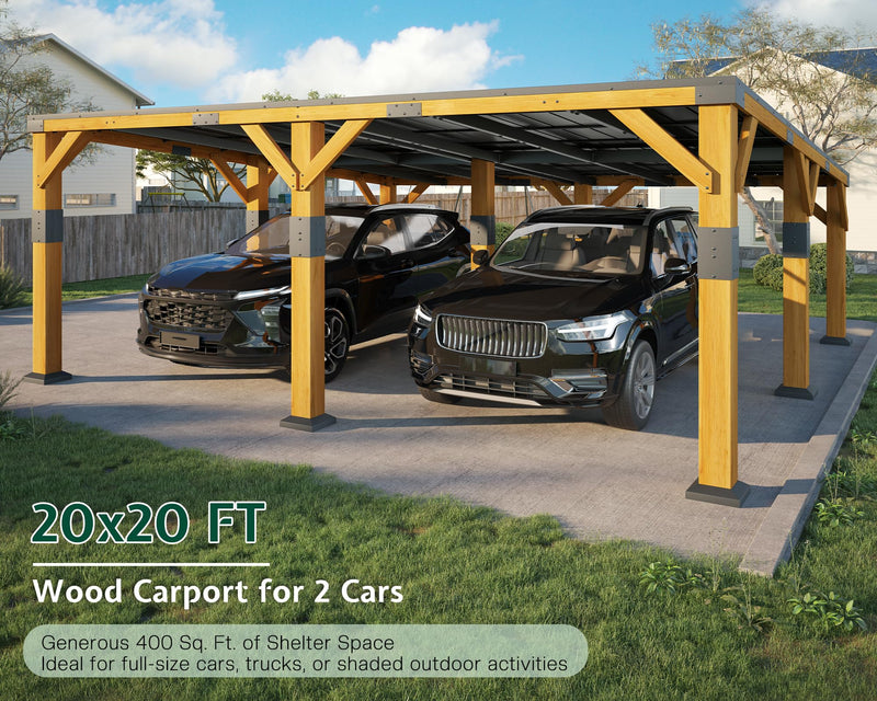 Jocisland 20x20x9.2 FT Cedar Wood Carport with Sloped Galvanized Steel Roof, Heavy Duty Outdoor Shelter for 2 Cars, Trucks, Boats & Tractors, Wind & Snow Resistant Pitch Roof Design