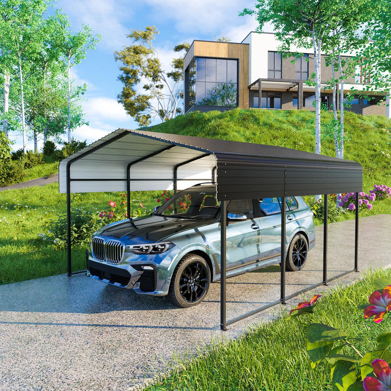 HEYTOWN Metal Carport 10 * 15 FT Heavy Duty Carport Canopy with Galvanized Steel Roof Multi-Use Shelter Outdoor Portable Garage for Car, Boat, Pickup and Tractor