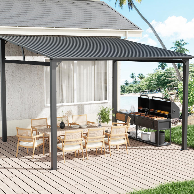 EBE 12' x 12' Hardtop Gazebo, Heavy Duty Lean to Metal Gazebos Outdoor Pergola, Wall Mounted Gazebo with Galvanized Steel, Patio Roof Awning for Patio, Deck, Backyard