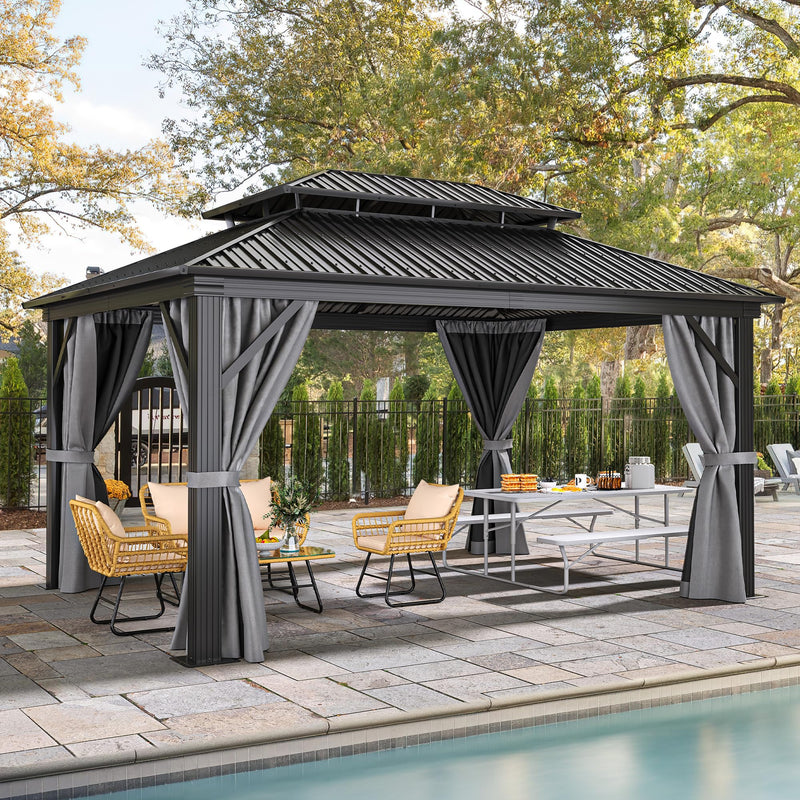 YITAHOME 12x16ft Hardtop Gazebo with Nettings and Curtains, Heavy Duty Double Roof Galvanized Steel Outdoor Combined of Vertical Stripes Roof for Patio, Backyard, Deck, Lawns, Gray