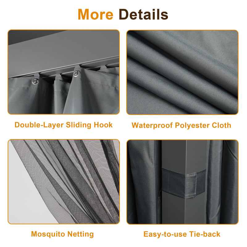 Louvered Pergola 12'x 16' with Curtains & Netting, Metal Outdoor Pergola with Adjustable Louvers Roof and Gutter System, Metal Hardtop Gazebo for Patio, Deck, Garden, Yard, Dark Gray