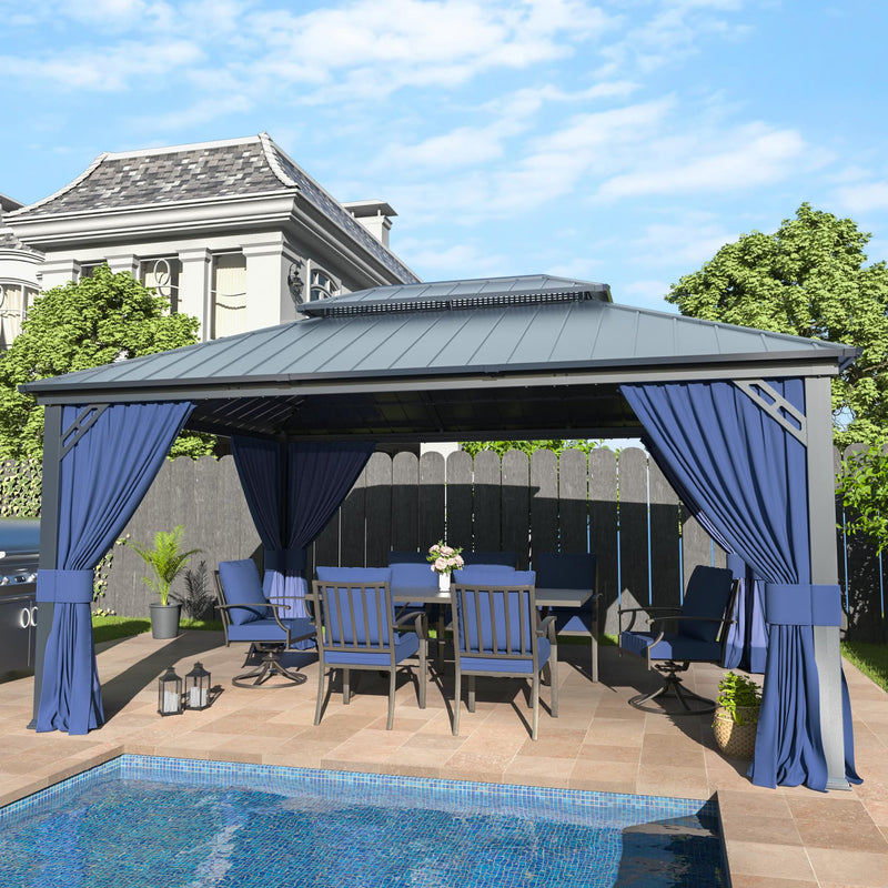 12' x 16' Hardtop Gazebo,Outdoor Galvanized Steel Metal Double Roof Gazebo with Curtains and Netting for Patios, Gardens, Lawns,Navy Blue