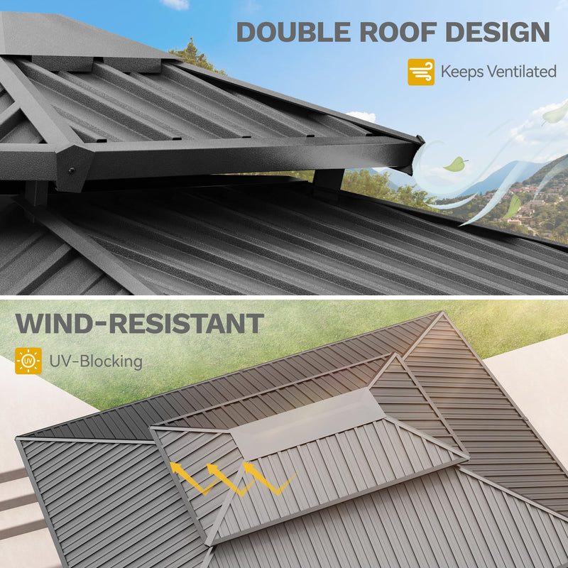 DWVO 12x16ft Gazebo Double Roof Hardtop with Nettings and Curtains, Heavy Duty Galvanized Steel Outdoor Vertical Stripes Roof for Patio, Backyard, Deck, Lawns, Grey