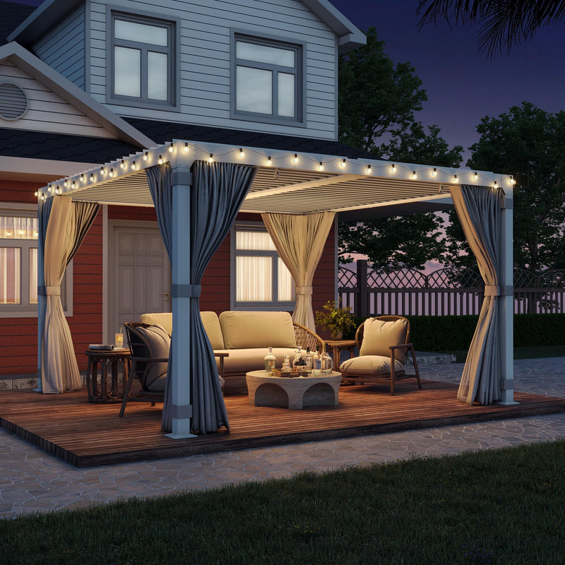 EROMMY 10x10FT Louvered Pergola Outdoor Sun Shade Shelter with Aluminum Frame and Adjustable Metal Rainproof Roof for Garden & Patio, Curtains and Netting Included, White