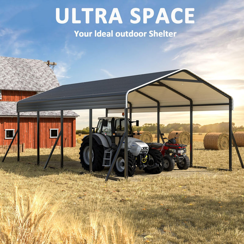 DAUSOLA Carport 12x20 FT Heavy Duty Carports Canopy with Updated Frame Structure Galvanized Steel Roof and Enhanced Base, Metal Carport Garage for Pickup, Boat, Car and Tractors