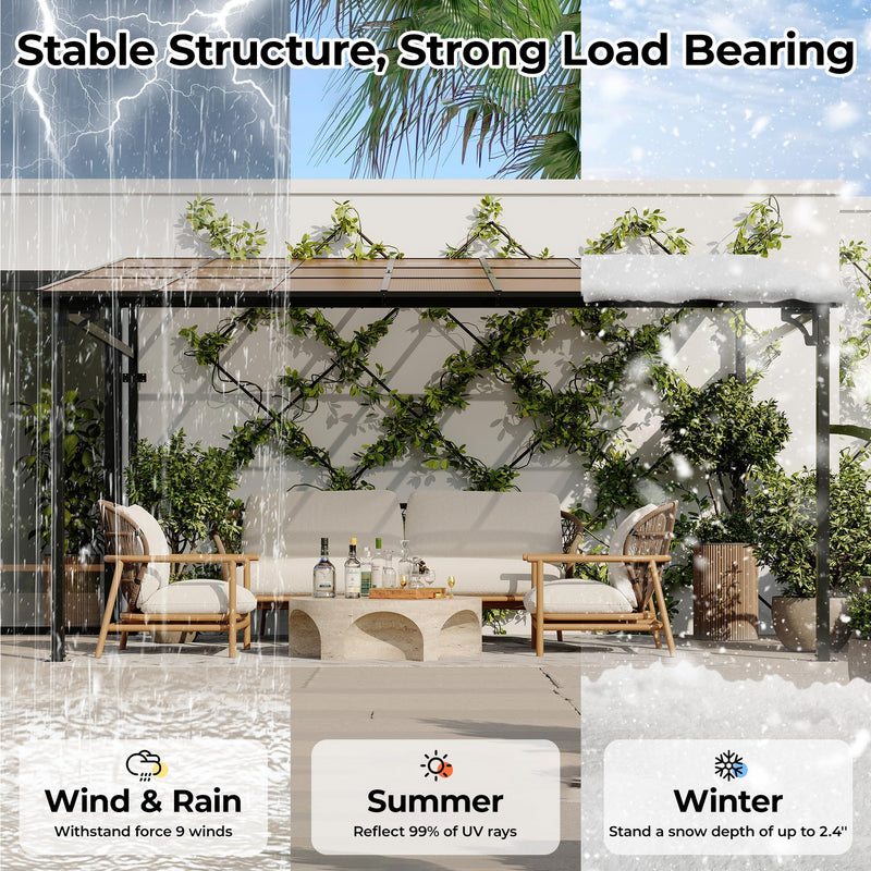 12’ x 14’ Gazebo, Outdoor Pergolas and Gazebos on Clearance, Hard Top Lean to Gazebo with Metal Frame, Pergola Wall Mounted Pergola with Sloped Roof for Patio, Decks, Backyard