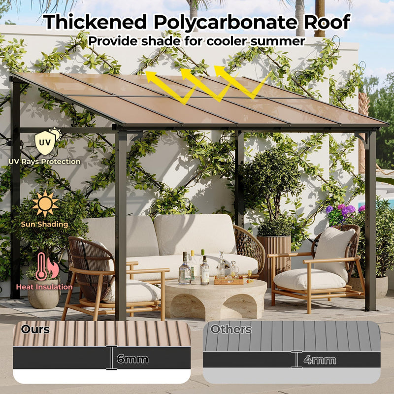 10'x 10'Wall Mounted Gazebo, Hardtop Lean-to Pergola with Polycarbonate Roof, Heavy Duty Outdoor Patio Awnings for Deck, Porch, Backyard, Garden, Weather Resistant, Brown