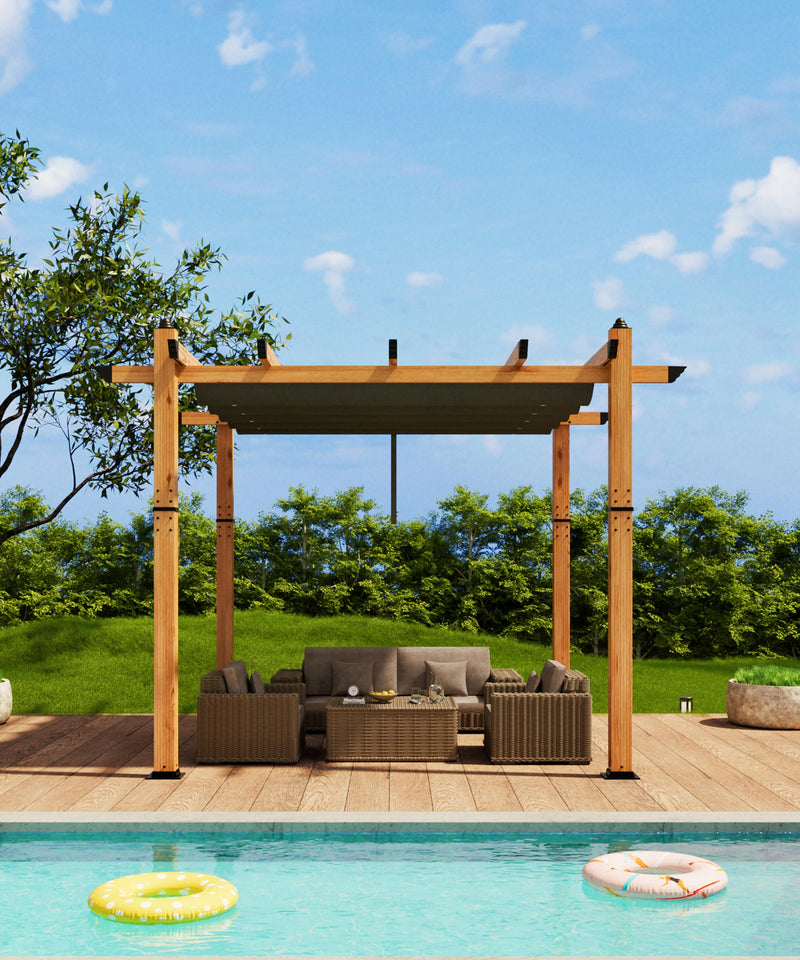 GarveeLife 10 x 10 Ft Wood-Grain Aluminum Pergola Outdoor Pergola with Retractable Canopy Sun Shade Shelter for Garden, Patio, Backyard, Deck - Gray