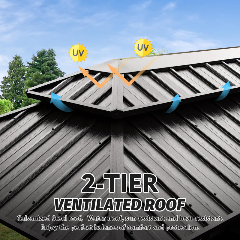 Domi 6x10FT Hardtop Grill Gazebo, Outdoor BBQ Gazebo with Double Galvanized Steel Roof, Patio Grill Canopy with 2 Cabinets and Ceiling Hooks for Backyard, Lawn, Garden, Brown