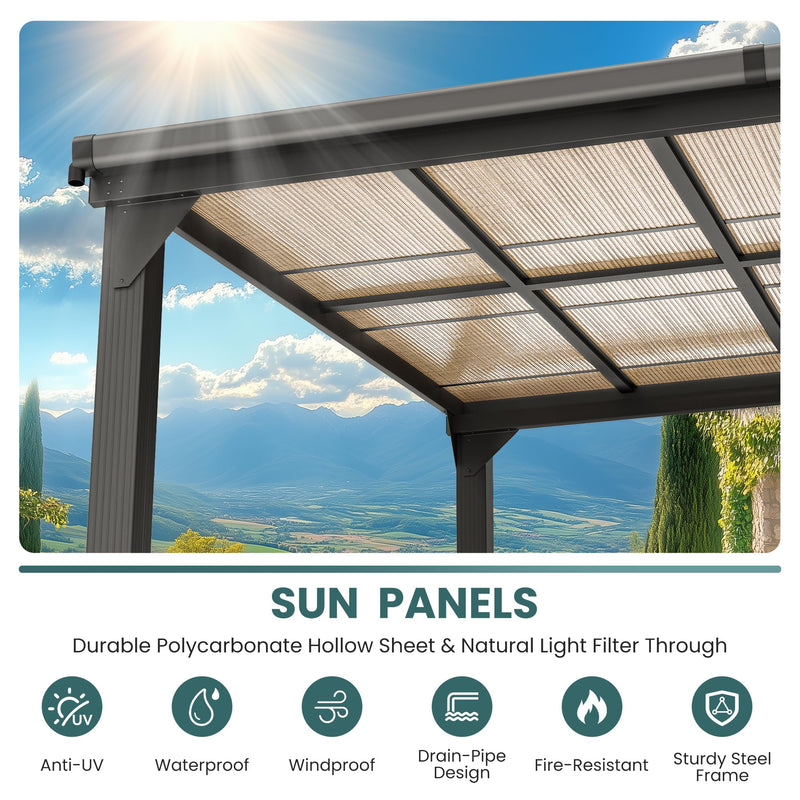 Pamapic 10 * 14FT Wall Mounted Gazebo,4*4 Inch Thickened Pillars & Enlarged Base,Outdoor Hardtop Lean to Pergola,UV Resistant Polycarbonate Roof,Aluminum Frame Pergola,Outdoor Patio Awnings for Lawn