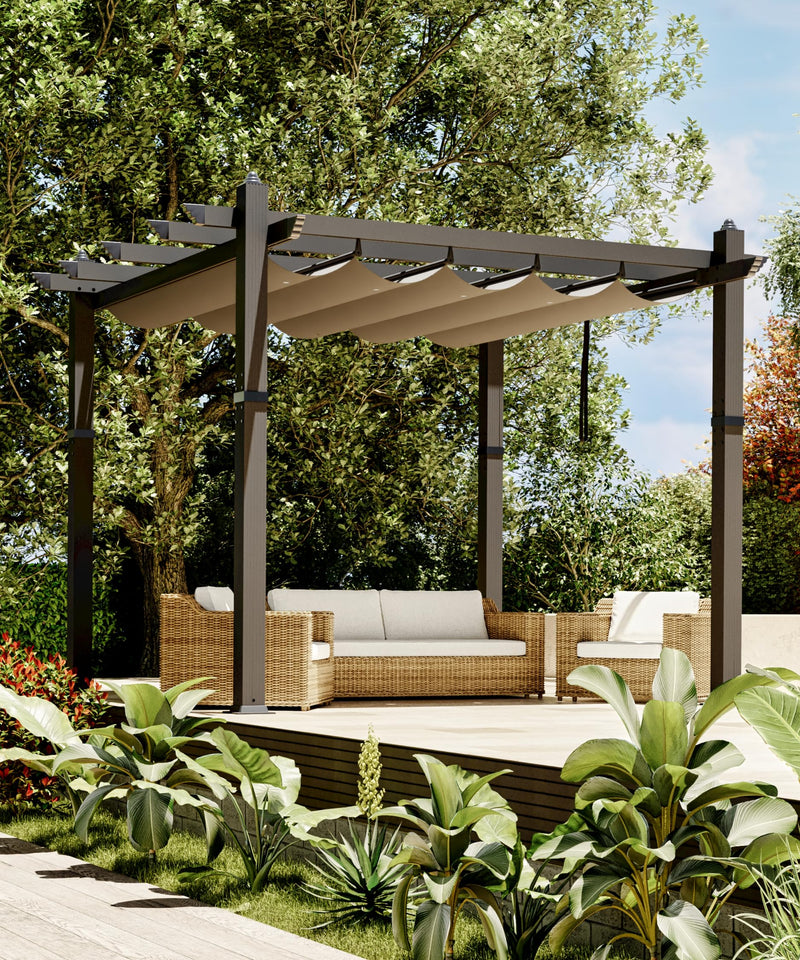 GarveeLife 10x10 Ft Aluminum Pergola, Outdoor Metal Pergola with Adjustable Canopy, Reinforced Frame Outdoor Shelter for Backyard, Lawn and Deck - Khaki