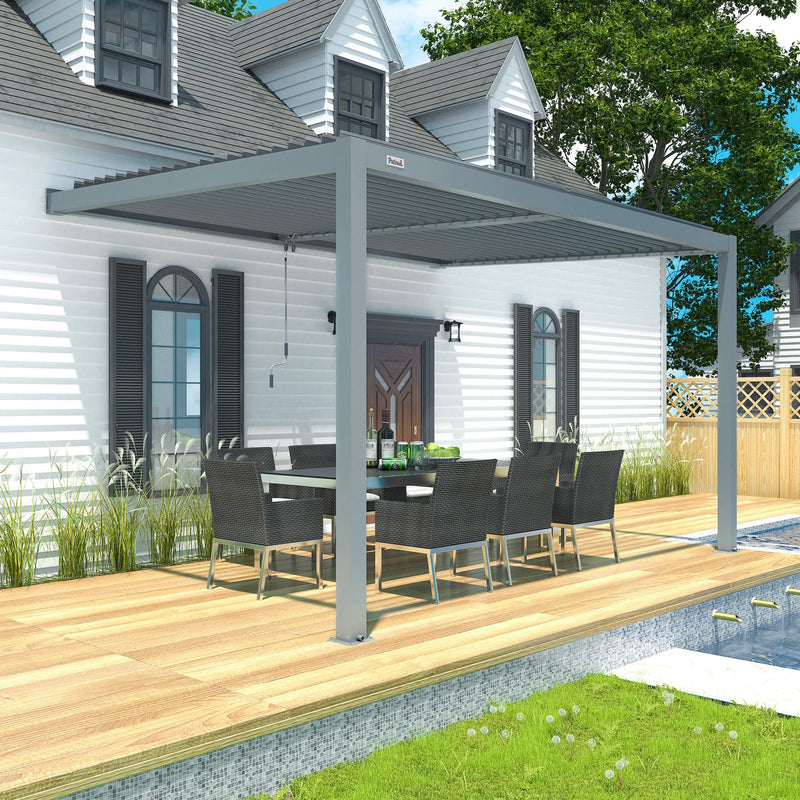 PATISOL Louvered Pergola Against The Wall Outdoor Patio 13'x10' Full Aluminum Pergola Wall Mounted Attached Adjustable Roof Hardtop Rainproof Gazebo for Deck Garden Yard Beach (Grey)