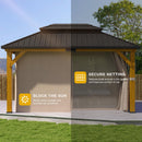 DWVO 13X15FT Gazebo Wood Outdoor Wooden Frame Double Roof Hardtop Galvanized Steel Top Canopy w/Curtain and Netting, Patio Heavy Duty for Deck, Backyard, Beige Yellow