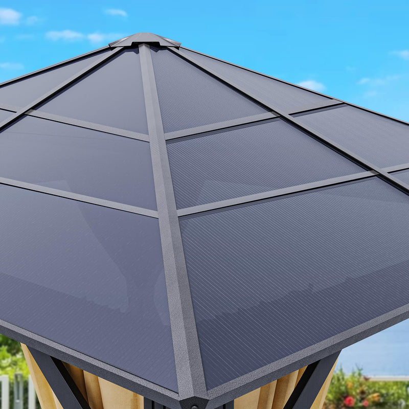 YITAHOME 10x10 Gazebo Polycarbonate Hardtop Outdoor Single Top Canopy with Netting and Shaded Curtains, Aluminum Frame Garden Tent for Patio, Backyard, Deck and Lawns, Brown