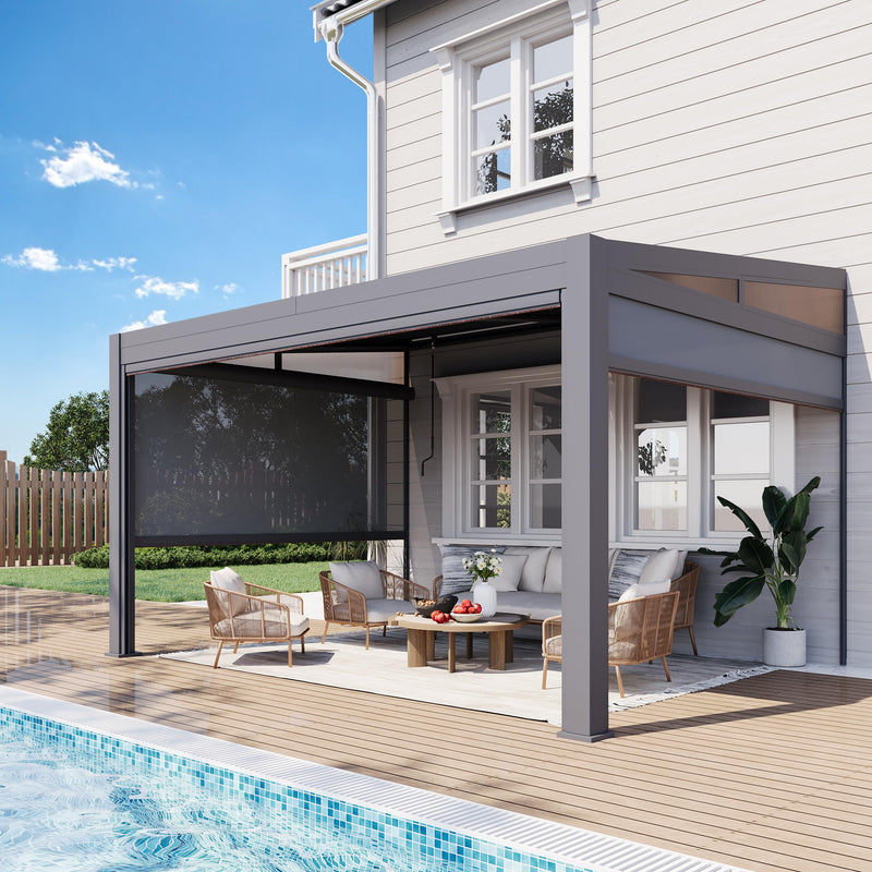 MELLCOM Louvered Pergola with Screen 10x13, Wall-Mounted Adjustable Pergola, Lean to Aluminum Gazebo with 3 Pull-Down Screen Sides and Adjustable Roof for Backyard, Dark Gray
