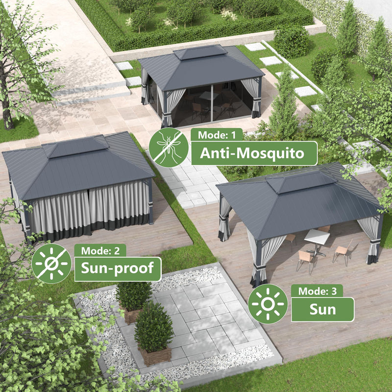 12' x 16' Hardtop Gazebo,Outdoor Galvanized Steel Metal Double Roof Gazebo with Curtains and Netting for Patios, Gardens, Lawns,Grey