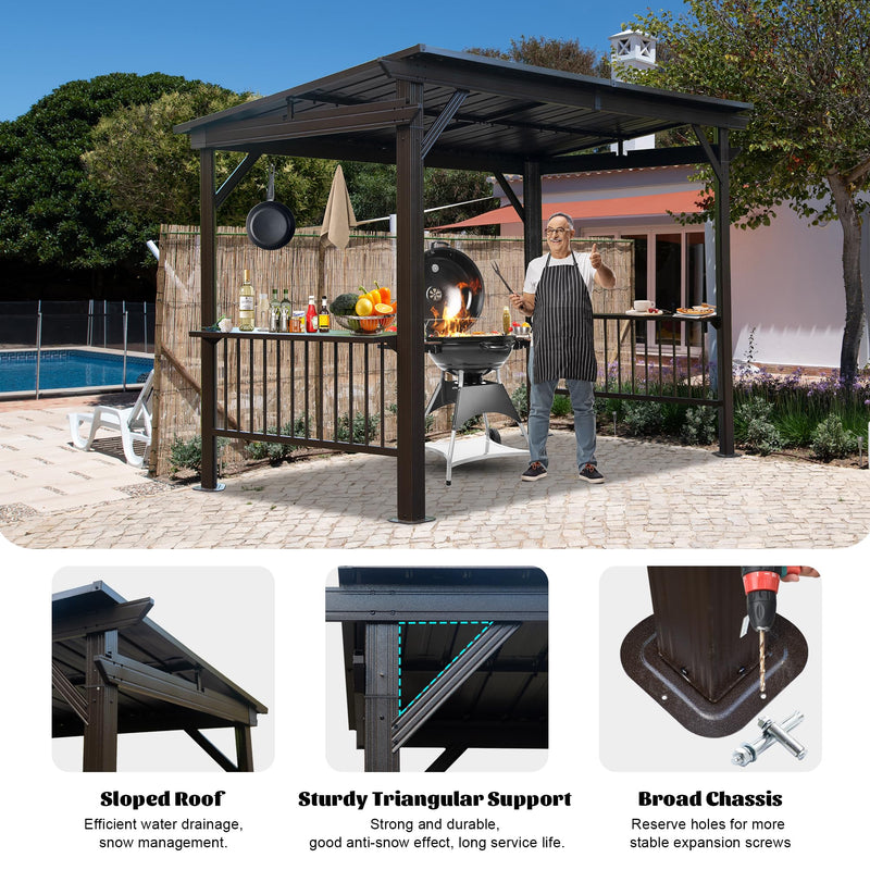 Domi 6.5x12FT Hardtop Grill Gazebo, Outdoor BBQ Gazebo with 2 Side Shelves and Sloping Galvanized Steel Roof, Metal Permanent Grill Canopy with Ceiling Hooks for Patio, Lawn, Backyard, Deck, Brown