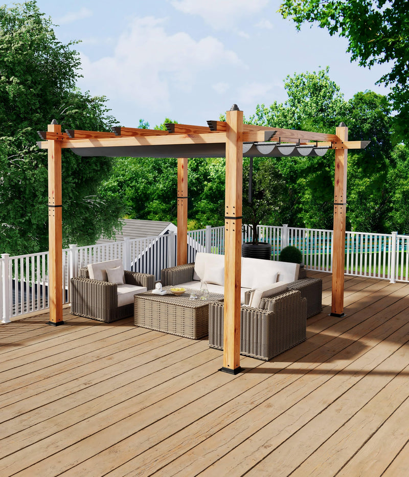 GarveeLife 10 x 10 Ft Wood-Grain Aluminum Pergola Outdoor Pergola with Retractable Canopy Sun Shade Shelter for Garden, Patio, Backyard, Deck - Gray