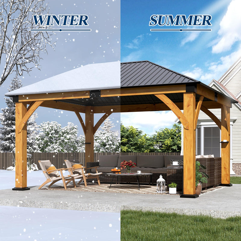 COVERONICS 13FT x 15FT Outdoor Spruce Wood Gazebo - Patio Wooden Frame Gazebo with Galvanized Steel Roof, Heavy-Duty Hardtop Gazebos for Garden, Poolside, Deck, Backyard