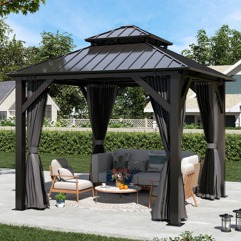8.5' x 8.5' Hardtop Gazebo, Galvanized Steel Double Roof Gazebo with Nettings and Curtain Outdoor Aluminum Frame Vertical Stripes Roof Gazebos for Patio, Backyard, Lawn