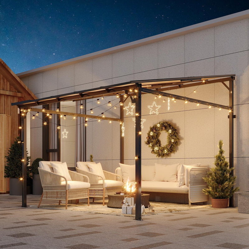 10'x 10'Wall Mounted Gazebo, Hardtop Lean-to Pergola with Polycarbonate Roof, Heavy Duty Outdoor Patio Awnings for Deck, Porch, Backyard, Garden, Weather Resistant, Brown