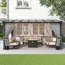 Gotland 10FTx14FT Outdoor Wall-Mounted Hardtop Pergola, Metal Frame Gazebo with Sloping Sun Panel Roof and Double Curtains for Patio, Garden, Lawn, Grey