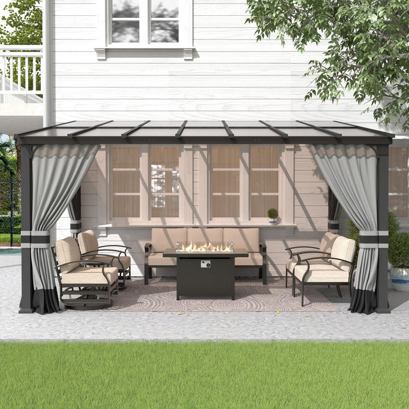 Gotland 10FTx14FT Outdoor Wall-Mounted Hardtop Pergola, Metal Frame Gazebo with Sloping Sun Panel Roof and Double Curtains for Patio, Garden, Lawn, Grey
