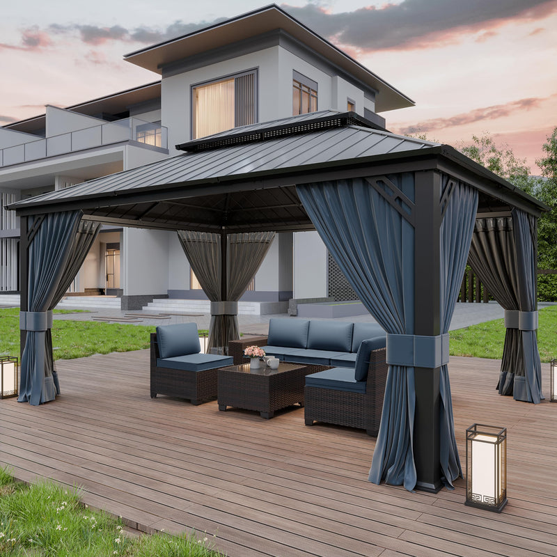 Kurapika 12' x 16' Hardtop Outdoor Metal Gazebo with Galvanized Steel Double Roof Canopy, Curtain and Netting, Aluminum Permanent Pavilion Gazebo, Navy Blue