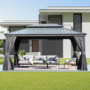 Domi 12' X 14' Hardtop Gazebo, Upgraded Metal Gazebo with Drainage System, Dual-Layer Galvanized Steel Roof, Curtain and Netting, Outdoor Shelter Canopy for Patio, Garden, and Backyard, Grey