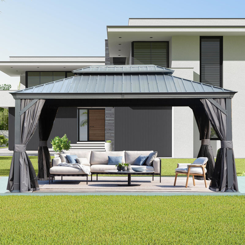 Domi 12' X 14' Hardtop Gazebo, Upgraded Metal Gazebo with Drainage System, Dual-Layer Galvanized Steel Roof, Curtain and Netting, Outdoor Shelter Canopy for Patio, Garden, and Backyard, Grey