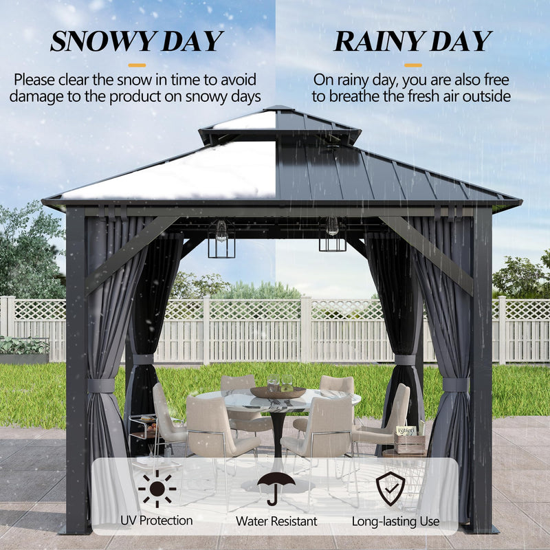 GARTOO 8.5x8.5FT Outdoor Hardtop Gazebo - Aluminum Heavy-Duty Galvanized Steel Top Gazebo with Breathable Netting & Privacy Curtain, Double Roof Gazebos for Patio, Porch, Garden, Lawn, Deck, Backyard