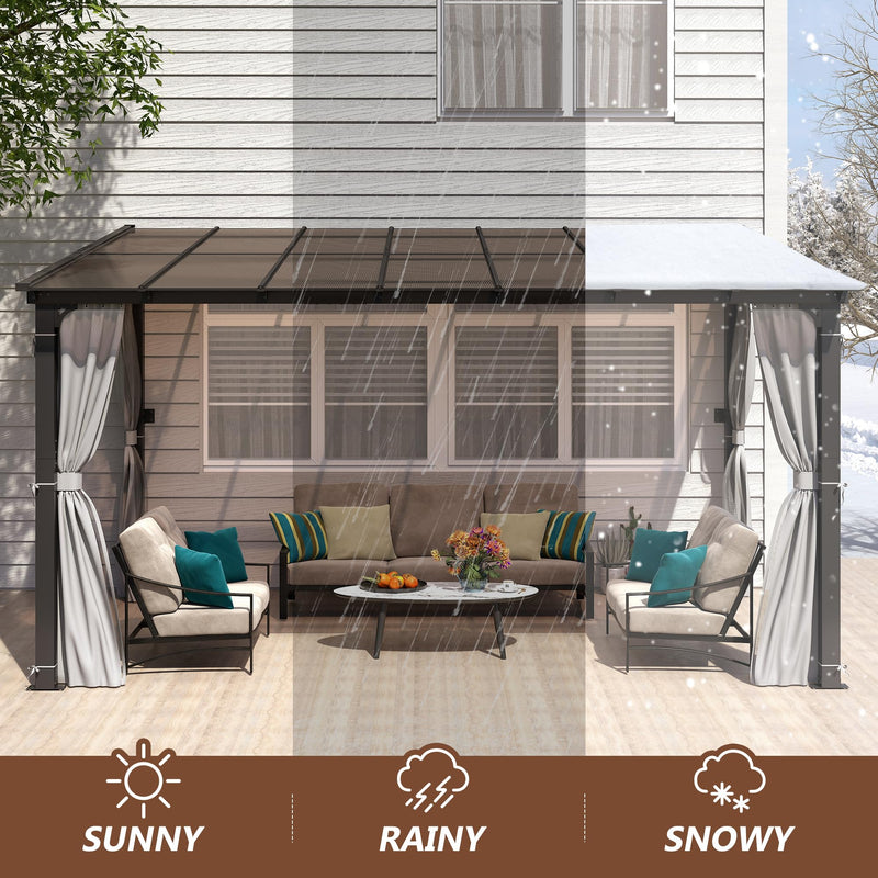 Raysfung 10 x13FT Outdoor Wall-Mounted Hardtop Gazebo, Aluminum Frame Lean to Gazebo with Polycarbonate Roof and Curtains for Patio, Garden, Deck