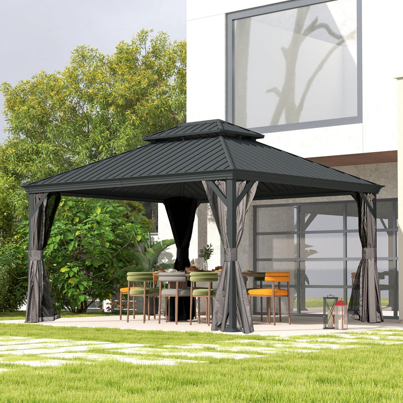 Domi 12' X 14' Hardtop Gazebo, Upgraded Metal Gazebo with Drainage System, Dual-Layer Galvanized Steel Roof, Curtain and Netting, Outdoor Shelter Canopy for Patio, Garden, and Backyard, Grey