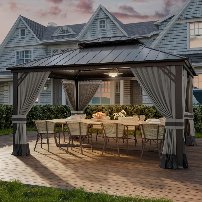 Kurapika 12' x 14' Hardtop Outdoor Metal Gazebo with Galvanized Steel Double Roof Canopy, Curtain and Netting, Aluminum Permanent Pavilion Gazebo, Grey