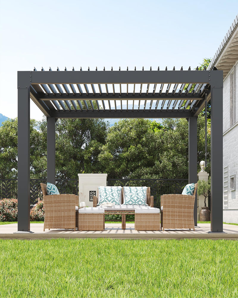 GarveeLife Louvered Pergola 10 ft x10', Outdoor Pergola with Adjustable Louvered Roof, Reinforced Aluminum Frame, Integrated Drainage System, Hardtop Gazebo for Patio, Deck, Gray