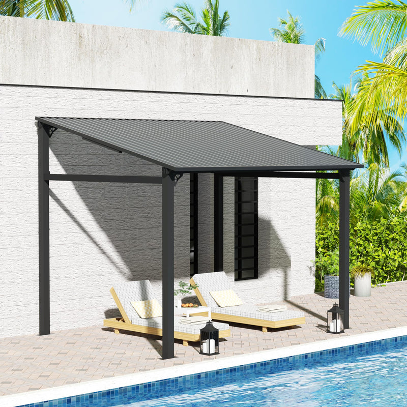 EBE 10' x 8' Hardtop Gazebo, Lean to Gazebos Outdoor Pergola with Galvanized Steel Roof, Wall Mounted Gazebo Pergola, Metal Awning for Patio, Decks, Backyard