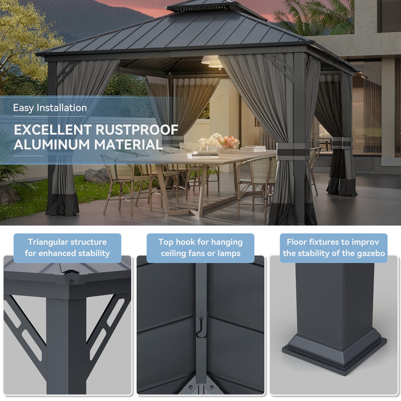 Kurapika 12' x 14' Hardtop Outdoor Metal Gazebo with Galvanized Steel Double Roof Canopy, Curtain and Netting, Aluminum Permanent Pavilion Gazebo, Grey