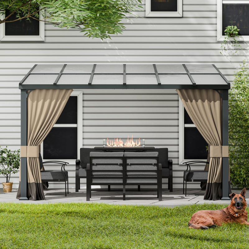 ASJMR 10x12FT Gazebo, Hardtop Wall Mounted Gazebo with Sloping Sun Panel Roof, Awnings for Patio with Metal Frame, Double Curtains for Garden, Lawn, Backyard Deck, Sand