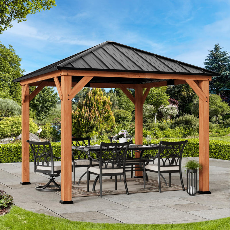 Modern Shade Tranquil Grove Wood Gazebo 10' x 10', Permanent Grill Gazebo with Galvanized Steel Hardtop Roof, Cedar Framed Wooden Pavilion for Garden, Backyard