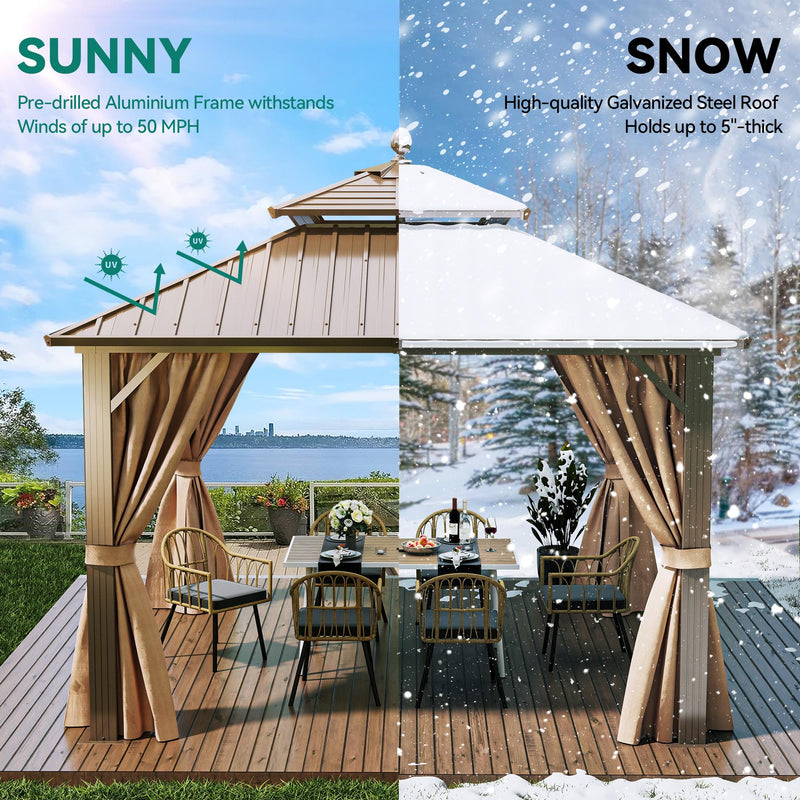 YITAHOME 10x10ft Hardtop Gazebo with Nettings and Curtains, Heavy Duty Double Roof Galvanized Steel Outdoor Combined of Horizontal Vertical Stripes Roof for Patio, Backyard, Deck, Lawn (Bronze)