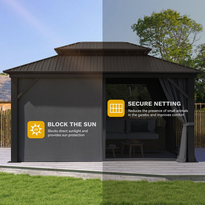DWVO 12x16ft Gazebo Double Roof Hardtop with Nettings and Curtains, Heavy Duty Galvanized Steel Outdoor Vertical Stripes Roof for Patio, Backyard, Deck, Lawns, Grey